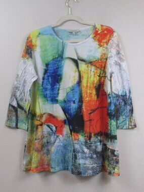 Jess & Jane Serenade 3/4 Sleeve Blouse Size L Blue Red Abstract Women’s Shirt
